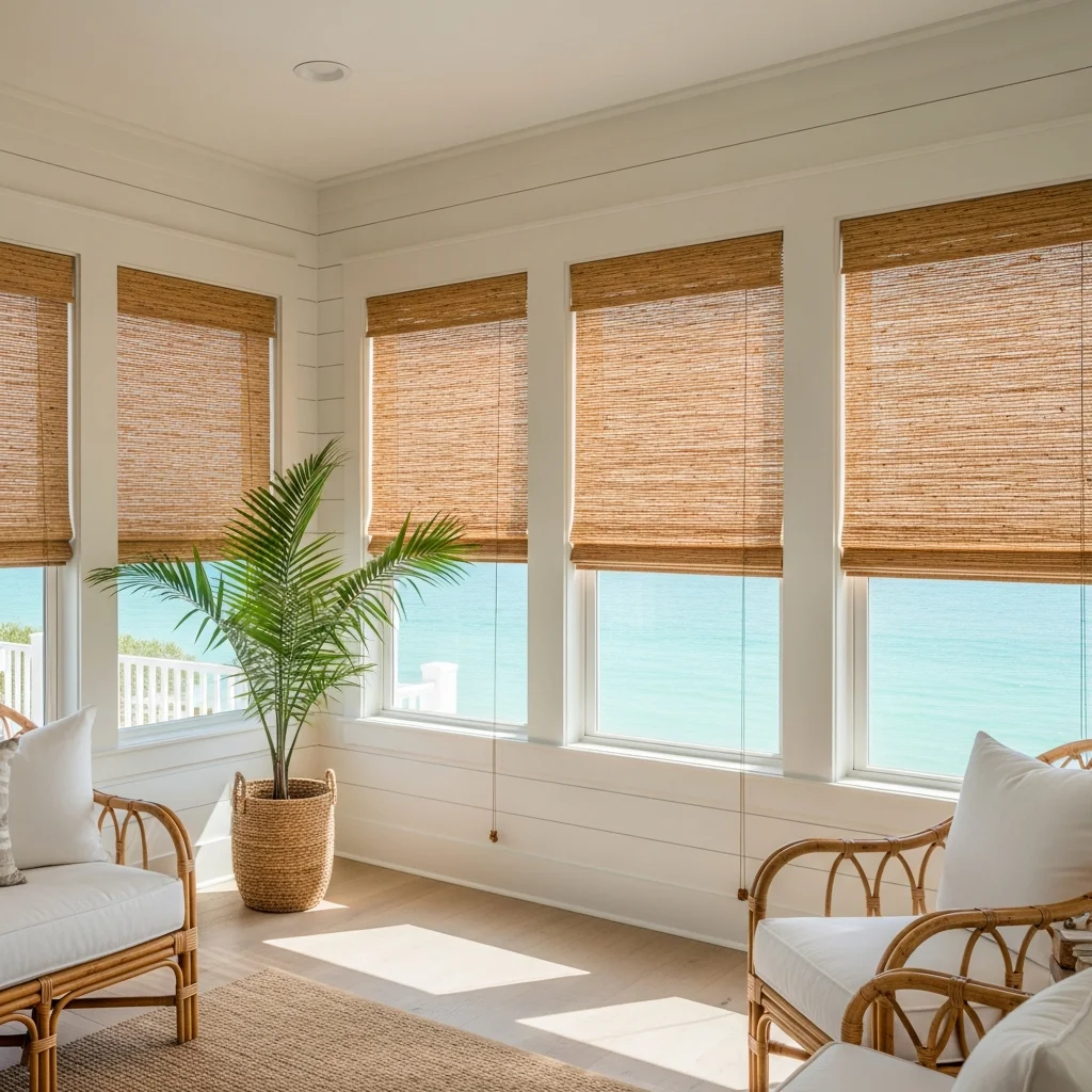 Motorized roller shades on a Gulf-front Destin condo with turquoise water visible through floor-to-ceiling windows