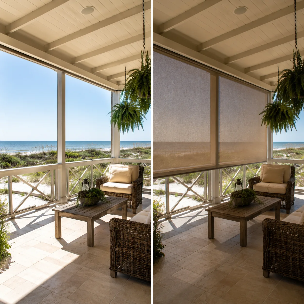 Before and after pair showing the same lanai bare in harsh midday sun and again with an exterior roller shade lowered along the seaward wall