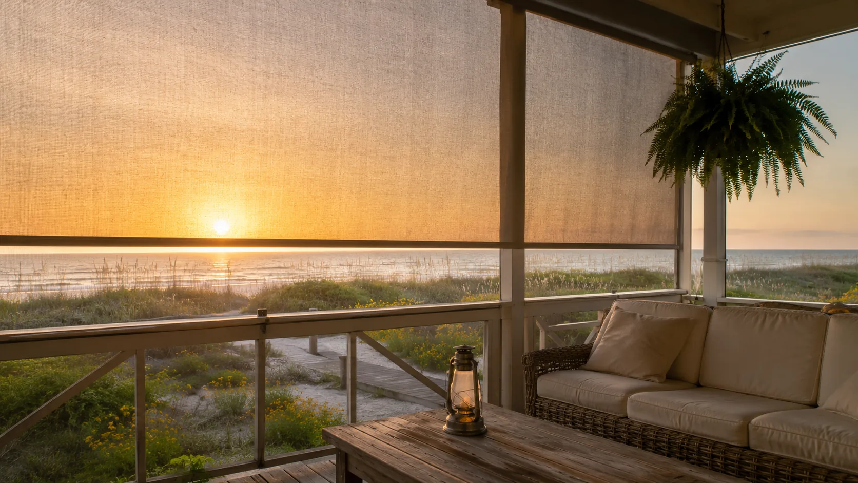 Florida Panhandle lanai overlooking the Gulf at golden hour with an exterior power-screen shade lowered along the seaward wall