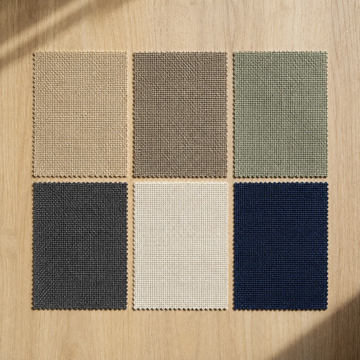 Top-down flat-lay of six salt-air rated exterior sun-screen fabric swatches in sand, taupe, sage, charcoal, ivory, and deep navy