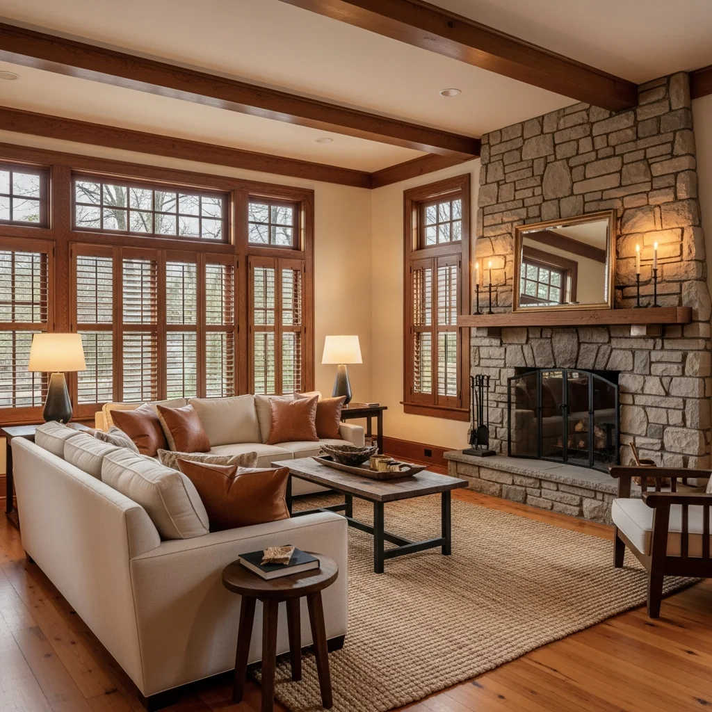 Rustic wood shutters adding charm to a cozy living room