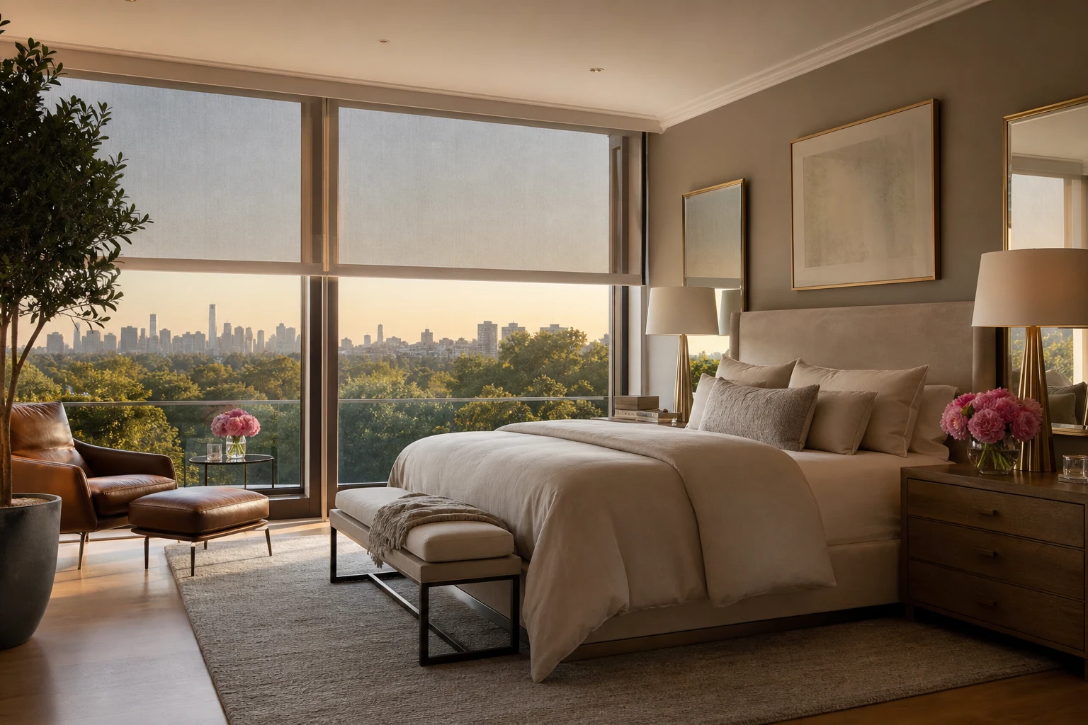 Motorized shades in a master bedroom with Gulf view