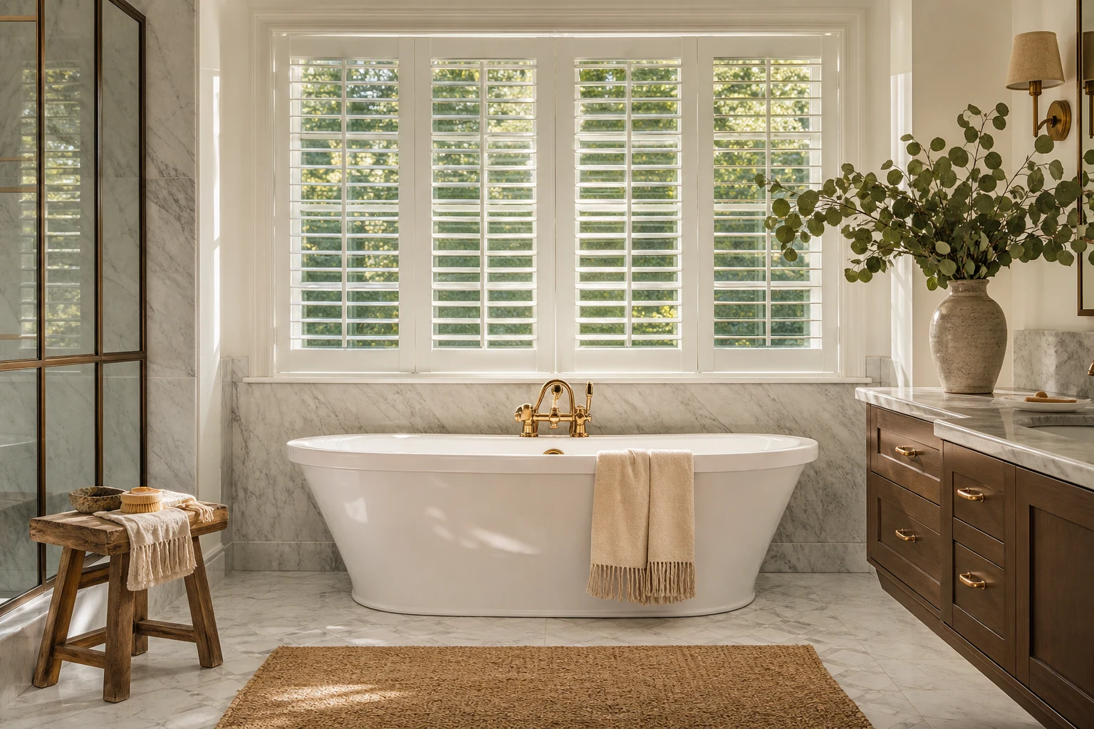 Poly plantation shutters in a Pensacola Beach primary bath