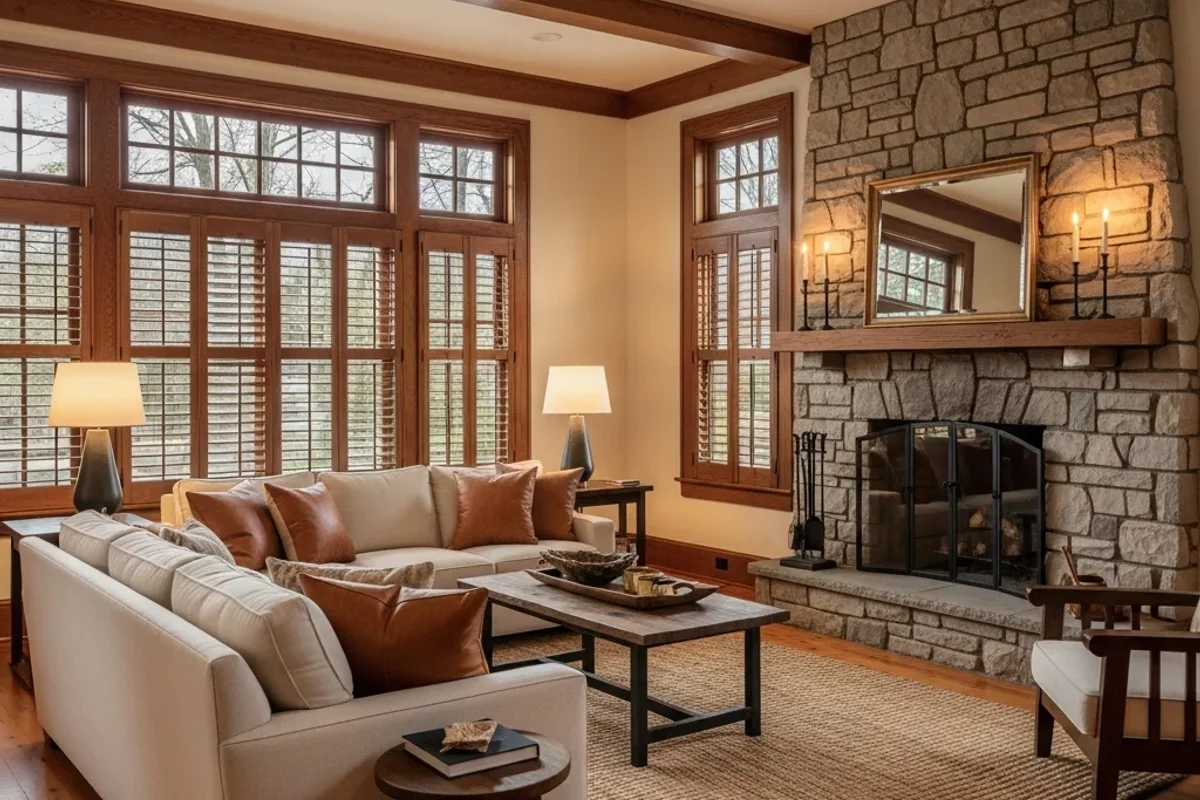 Rustic Living Room Plantation Shutters in Fort Walton Beach