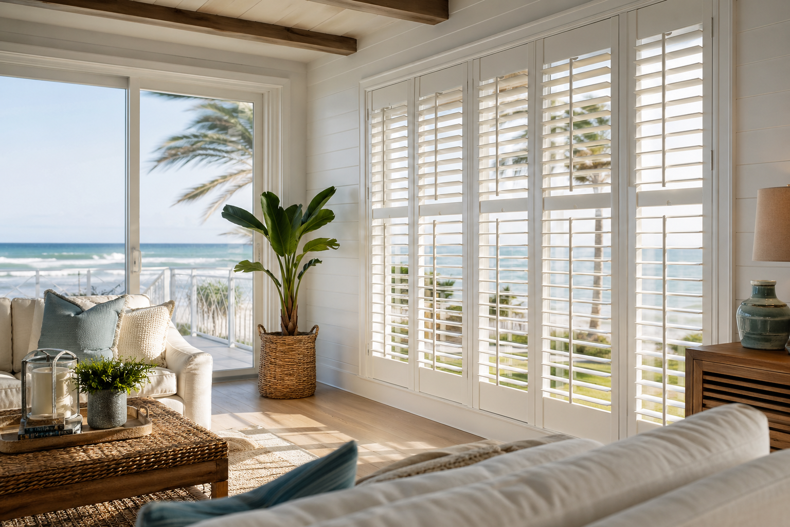 Light-filtering roller shades on a Gulf-front beach house window overlooking turquoise water in Destin Florida