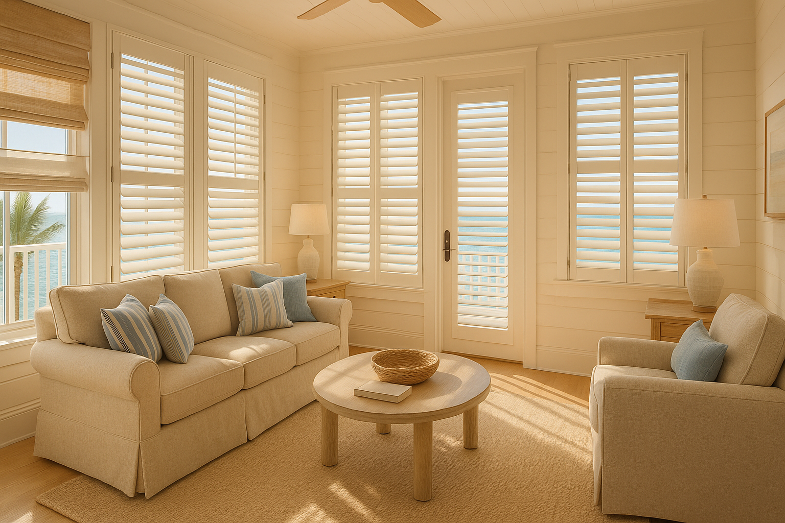 White plantation shutters on a Gulf-front home along the Emerald Coast Florida resisting salt air and humidity
